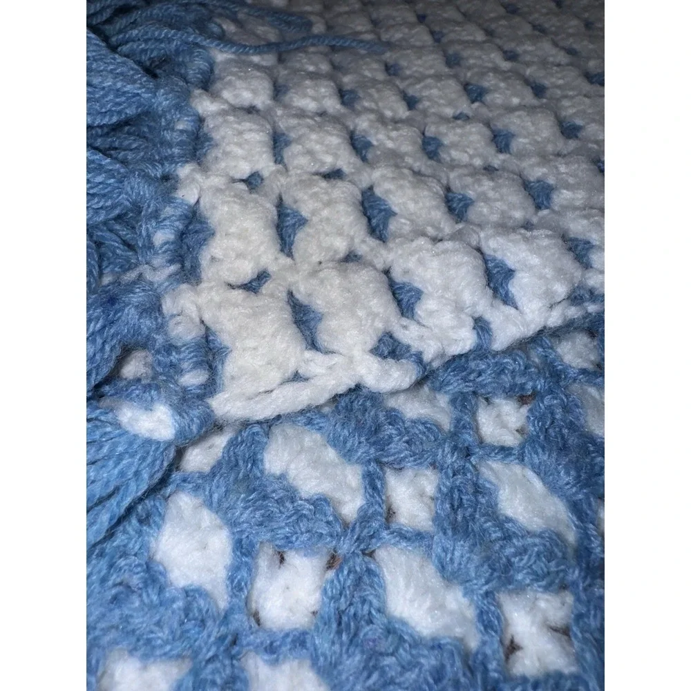 Handmade Crocheted Afghan Blanket Blue & White With Tassels 57x55 Reversible